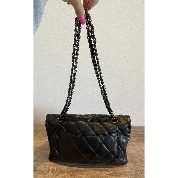 Authentic Chanel Black Quilted Lambskin Leather 3 Accordion Flap Bag - Picture 6 of 11